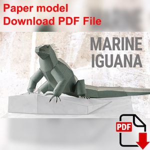 May include: Paper model of a marine iguana, a green lizard with a long tail. The model is made of paper and is ready to be assembled. Download the PDF file to build your own.