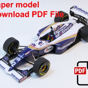 Puede incluir: Un modelo de papel de un coche de carreras de Fórmula 1 azul y blanco con las palabras "Rothmans" y "Elf Renault" en el lateral. El modelo está listo para ser ensamblado e incluye un enlace de descarga para el archivo PDF.