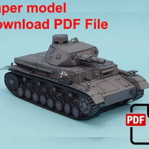 May include: A paper model of a military tank in shades of brown and gray, with black detailing. The text "Paper model Download PDF File" is in red. A PDF icon is in the lower right corner.