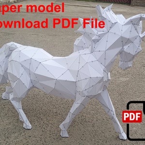 May include: A white paper model of a horse, assembled and standing on a gray concrete surface. The model is made of many triangles and has numbered tabs for assembly. The text "Paper model Download PDF File" is at the top of the image. A PDF icon with a red download arrow is in the lower right corner.
