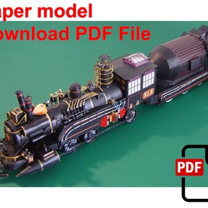 以下が含まれることがあります： 黒と金の蒸気機関車と炭水車の紙模型。モデルは赤いアクセントと炭水車の側面に「KLB」の文字が書かれています。PDFファイルをダウンロードして、あなた自身のモデルを構築してください。