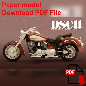 May include: Paper model of a brown and white Yamaha Dragstar Classic Eleven motorcycle. Download PDF File.