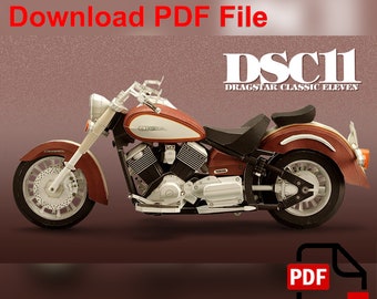 May include: Paper model of a brown and white Yamaha Dragstar Classic Eleven motorcycle. Download PDF File.