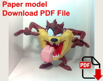 May include: Paper model of Taz the Tasmanian Devil from the Looney Tunes cartoon. The model is made of paper and is in a 3D pose with his tongue sticking out. The model is on a white surface. Download PDF File.
