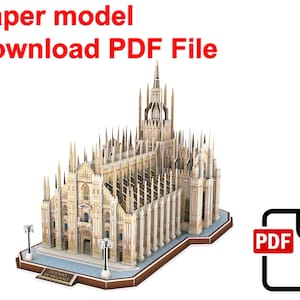 Pode incluir: Download do modelo de papel do Duomo di Milano, um modelo de papel grande, detalhado e intrincado da Catedral de Milão. O modelo é feito de papel branco e tem uma aparência realista. A imagem também inclui um botão de download PDF.
