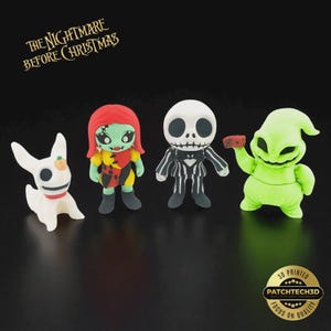 May include: Four figurines from "The Nightmare Before Christmas" are displayed. The characters include Zero, Sally, Jack Skellington, and Oogie Boogie. The figurines are 3D printed and are set against a black backdrop.