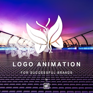Puede incluir: Un logotipo de mariposa blanca con alas en forma de hojas sobre un fondo degradado morado y rosa. El texto "LOGO ANIMATION FOR SUCCESSFUL BRANDS by BE" está debajo del logotipo.