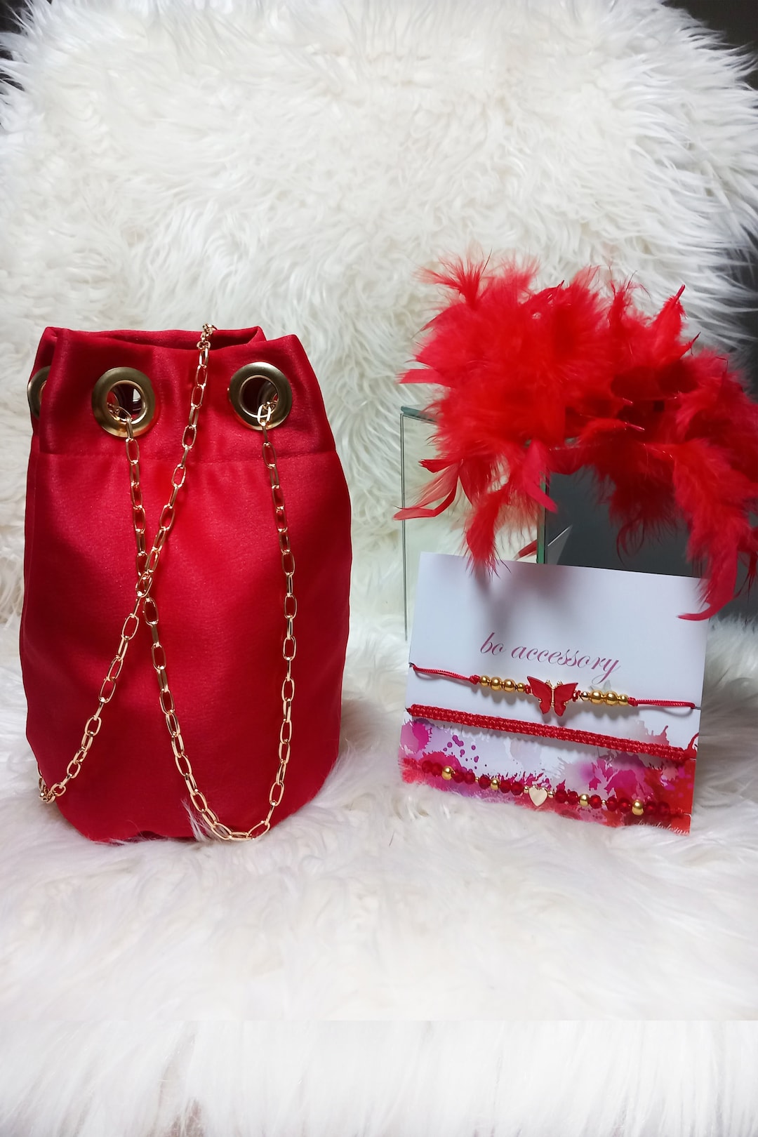 Kids Accessory Set, Kids Bag, Kids Bracelet, Kids Hair Clip, Red