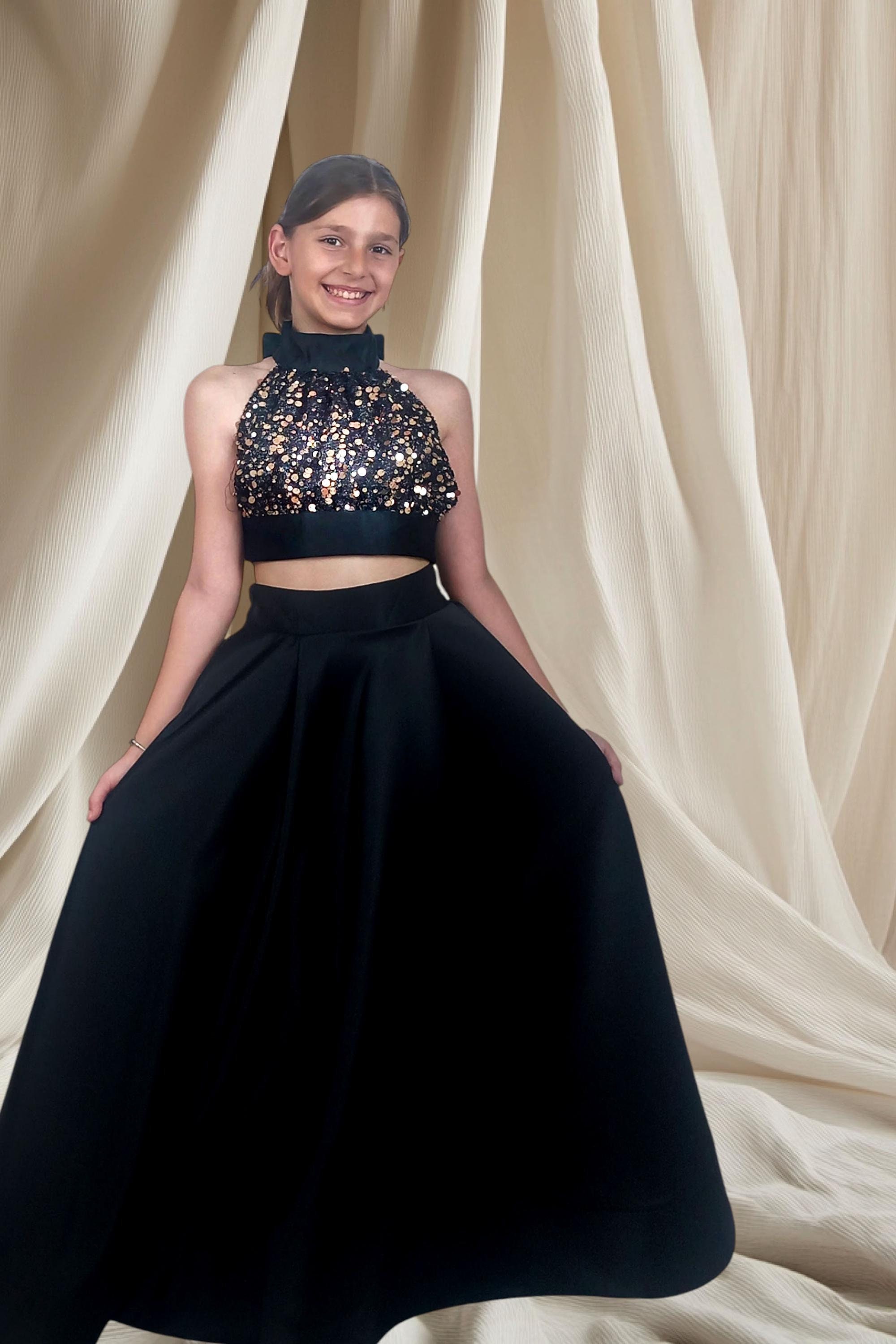 Sequin Kids Crop Top Dress, Sequin Party Dress, Birthday Dress, Black Outfit, Gold Black Party Dress, Special Day Dresses, Prom Handbag