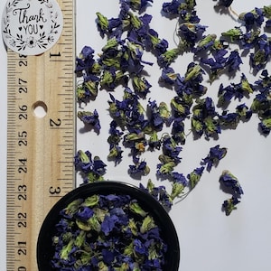 May include: Dried blue and green flowers in a black bowl, with some scattered on a white surface. A wooden ruler with inch markings and a sticker that says "Thank You" are also present. The ruler measures up to 9 inches.