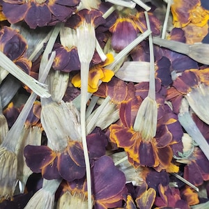 May include: A close-up of dried marigold petals in shades of orange, yellow, and purple. The petals are arranged in a random pattern, creating a colorful and textured background.