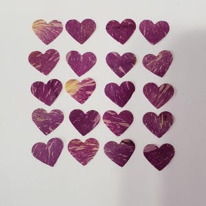 May include: Arrangement of twenty heart-shaped cutouts. Each heart is a deep purple color with lighter purple and yellow veining, set against a white background. The hearts are evenly spaced.