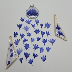 May include: A collection of handmade jewelry and floral elements. The image features a round pendant and two triangular earrings, all with gold-colored frames and filled with blue flower petals. Scattered around are individual blue flower petals.