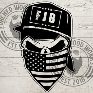 May include: Black and white illustration of a skull wearing a bandana with the American flag design and a baseball cap with the text "FJB" on it.