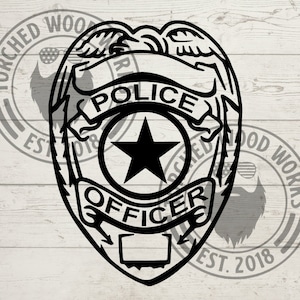May include: Black and white silhouette of a police officer badge with the word "POLICE" and "OFFICER" written on it. The badge has a five-pointed star in the centre.