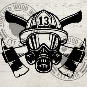 May include: Black and white illustration of a firefighter's helmet with a gas mask and two crossed axes. The helmet has the number "13" on the front.