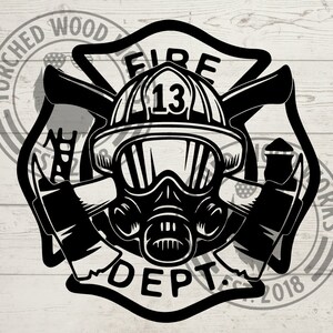 May include: Black and white illustration of a firefighter's helmet, gas mask, and crossed axes. The helmet has the number "13" on it and the text "FIRE DEPT" is below the helmet.