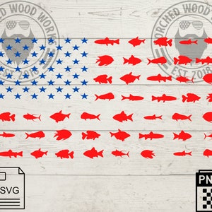 May include: Red, white, and blue American flag design with a silhouette of fish in place of the stripes. The design is surrounded by two logos that say "Torched Wood Works" with the year 2018.