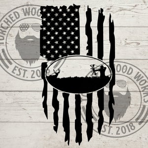 May include: Black and white silhouette of a deer hunter with a bow and arrow in an oval shape, superimposed on a distressed American flag design. The flag is in the shape of a teardrop.