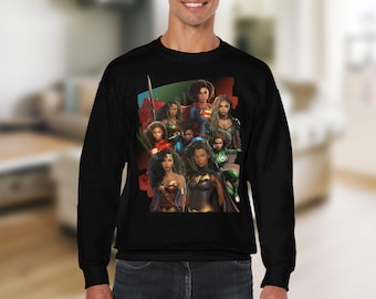 Superheroine Sweatshirt, Diverse Superheroine Characters Crewneck, Bold Graphic Sweatshirt, Heroic Women Apparel, Comic Book Fashion
