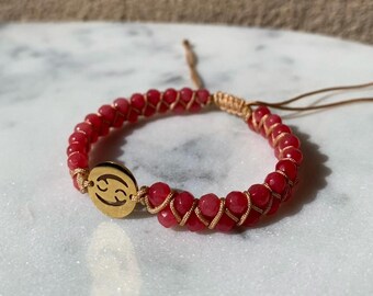 Handmade Beaded Cancer Bracelet – Red Gemstone Astrology Jewelry