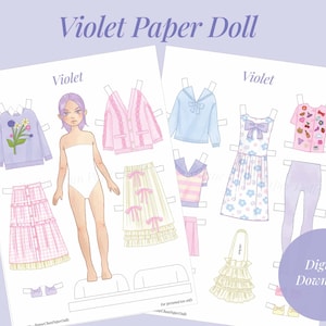 Könnte beinhalten: Ein druckbares Papierpuppen-Set mit einem Mädchen namens Violet. Das Set enthält eine Puppenbasis, eine Vielzahl von Outfits und Accessoires. Die Outfits umfassen einen blauen Pullover mit Blumendesign, eine rosa Strickjacke, ein gestreiftes Shirt, ein blaues Matrosenhemd, ein Blumenkleid, einen rosa-weißen Rock, einen grün-weißen Rock, eine rosa Leggings und ein Paar gelbe Schuhe.