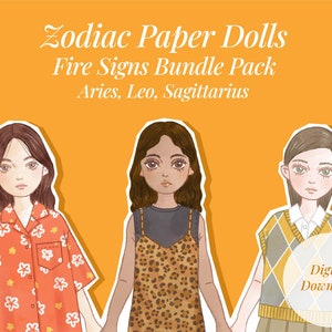 Puede incluir: Tres mu&ntilde;ecas de papel que representan los signos de fuego del zod&iacute;aco: Aries, Leo y Sagitario. Cada mu&ntilde;eca est&aacute; ilustrada con un atuendo y un peinado diferentes. Las mu&ntilde;ecas est&aacute;n sobre un fondo naranja brillante con el texto "Zodiac Paper Dolls Fire Signs Bundle Pack Aries, Leo, Sagittarius" encima de ellas. El texto "Digital Download" est&aacute; en un c&iacute;rculo blanco en la esquina inferior derecha.