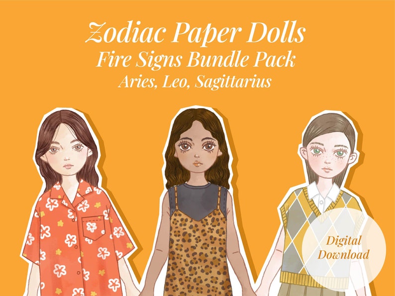 Puede incluir: Tres mu&ntilde;ecas de papel que representan los signos de fuego del zod&iacute;aco: Aries, Leo y Sagitario. Cada mu&ntilde;eca est&aacute; ilustrada con un atuendo y un peinado diferentes. Las mu&ntilde;ecas est&aacute;n sobre un fondo naranja brillante con el texto "Zodiac Paper Dolls Fire Signs Bundle Pack Aries, Leo, Sagittarius" encima de ellas. El texto "Digital Download" est&aacute; en un c&iacute;rculo blanco en la esquina inferior derecha.