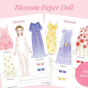 Paper Doll Printable Spring Flower PDF / Craft Kit / Instant Download / Kid Craft  / Fashion Doll / Flowers Blossom Pink Delicate Feminine