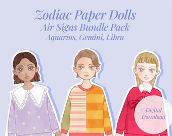 Paquete de muñecos de papel del zodíaco: Signos de aire: Acuario, Géminis, Libra (PDF imprimible)