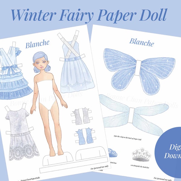 Paper Doll Printable Winter Fairy PDF / Craft Kit / Instant Download / Kid Craft / Fashion Doll / Sparkle Dreamy Starry Silver Ice Queen