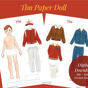 Pode incluir: Um conjunto de bonecas de papel com um menino e várias roupas. As roupas incluem uma jaqueta universitária vermelha e branca, calças listradas, uma jaqueta marrom, uma camisa polo vermelha, uma jaqueta jeans azul e jeans. Um boné de beisebol também está incluído. O texto "Tim Paper Doll" está no topo.
