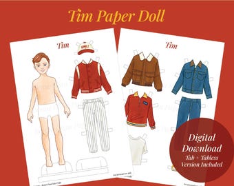 Muñeco de papel imprimible de niño preppy: Tim, moda americana (Descarga PDF)