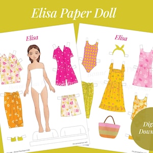 Paper Doll Printable Girl Tropical Summer Print PDF / Craft Kit / Instant Download / Kid Craft / Fashion Doll / Tan Floral Resort Prints