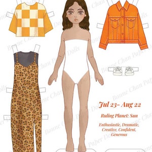 Puede incluir: Un conjunto de mu&ntilde;eca de papel con una ni&ntilde;a de cabello casta&ntilde;o y un vestido blanco. El conjunto incluye una camisa a cuadros amarilla y naranja, un vestido de estampado de leopardo y una chaqueta vaquera naranja. El texto "Leo Jul 23-Aug 22 Ruling Planet: Sun Enthusiastic, Dramatic, Creative, Confident, Generous" est&aacute; incluido en la p&aacute;gina.