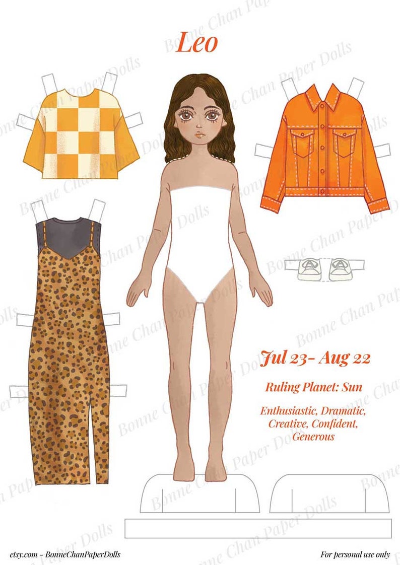 Puede incluir: Un conjunto de mu&ntilde;eca de papel con una ni&ntilde;a de cabello casta&ntilde;o y un vestido blanco. El conjunto incluye una camisa a cuadros amarilla y naranja, un vestido de estampado de leopardo y una chaqueta vaquera naranja. El texto "Leo Jul 23-Aug 22 Ruling Planet: Sun Enthusiastic, Dramatic, Creative, Confident, Generous" est&aacute; incluido en la p&aacute;gina.