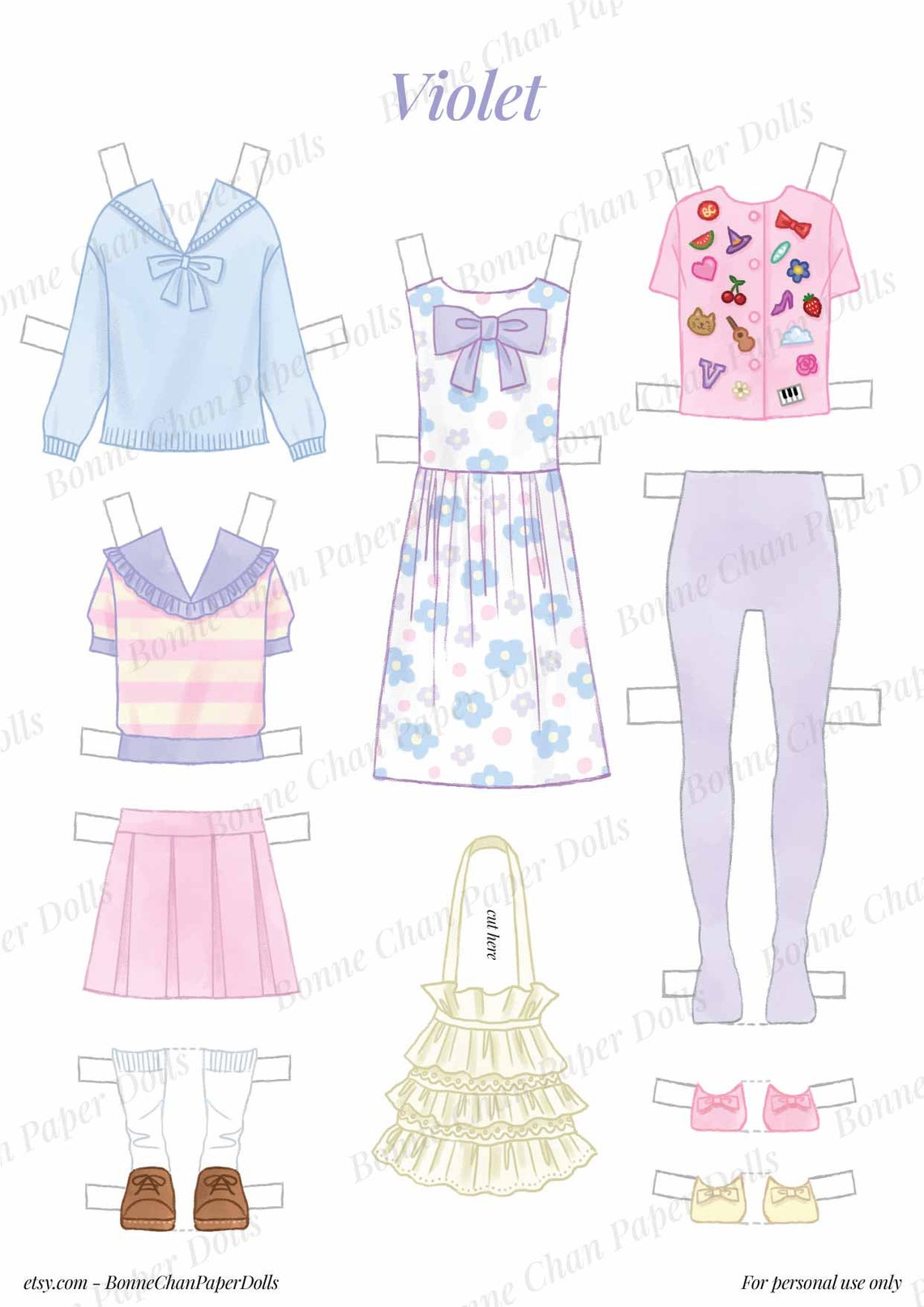 Paper Doll Printable Girl Pastel Girly Pink Blue Violet PDF / Craft Kit ...