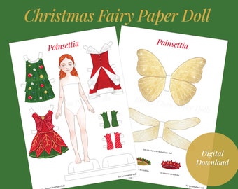 Paper Doll Printable PDF Girl Christmas Fairy / Kids Toys Craft / Craft Kit / Instant Download / Gold Xmas Decoration Tree Ornament