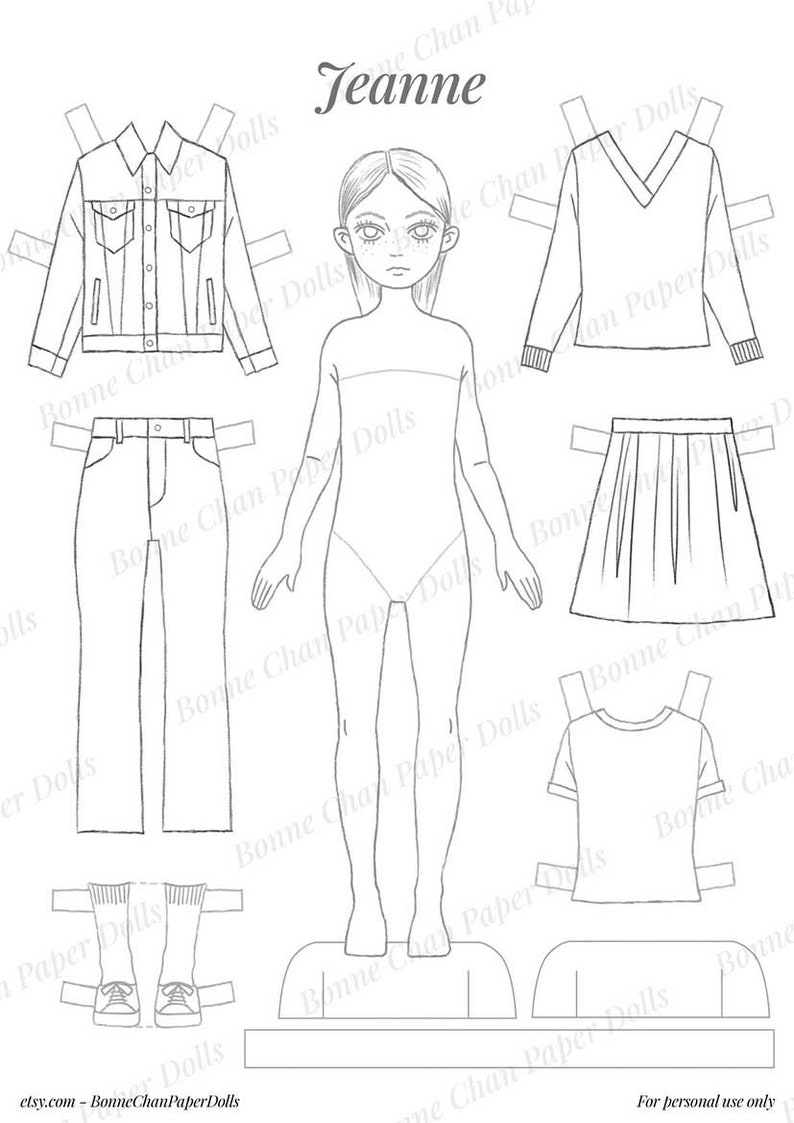 Paper Doll Printable PDF Jeanne / Kids Toys / Craft Kit / Instant