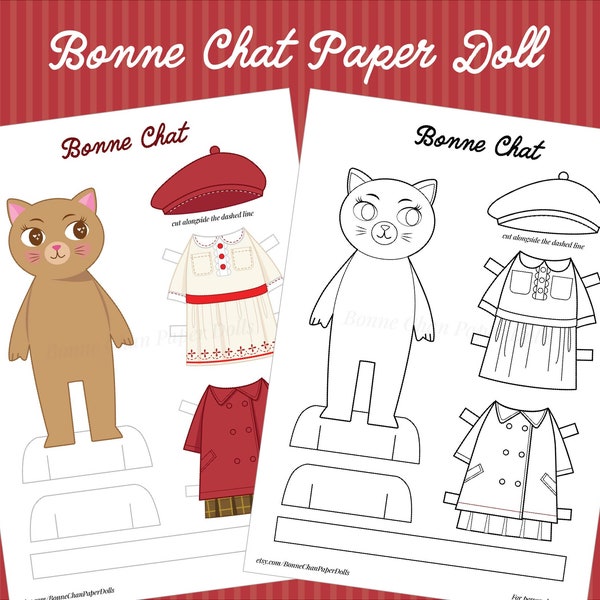 Animal Cat Paper Doll Printable PDF / Craft Kit / Instant Download / Kid Craft / Paper Toys / Coloring Pages / Bonne Chan