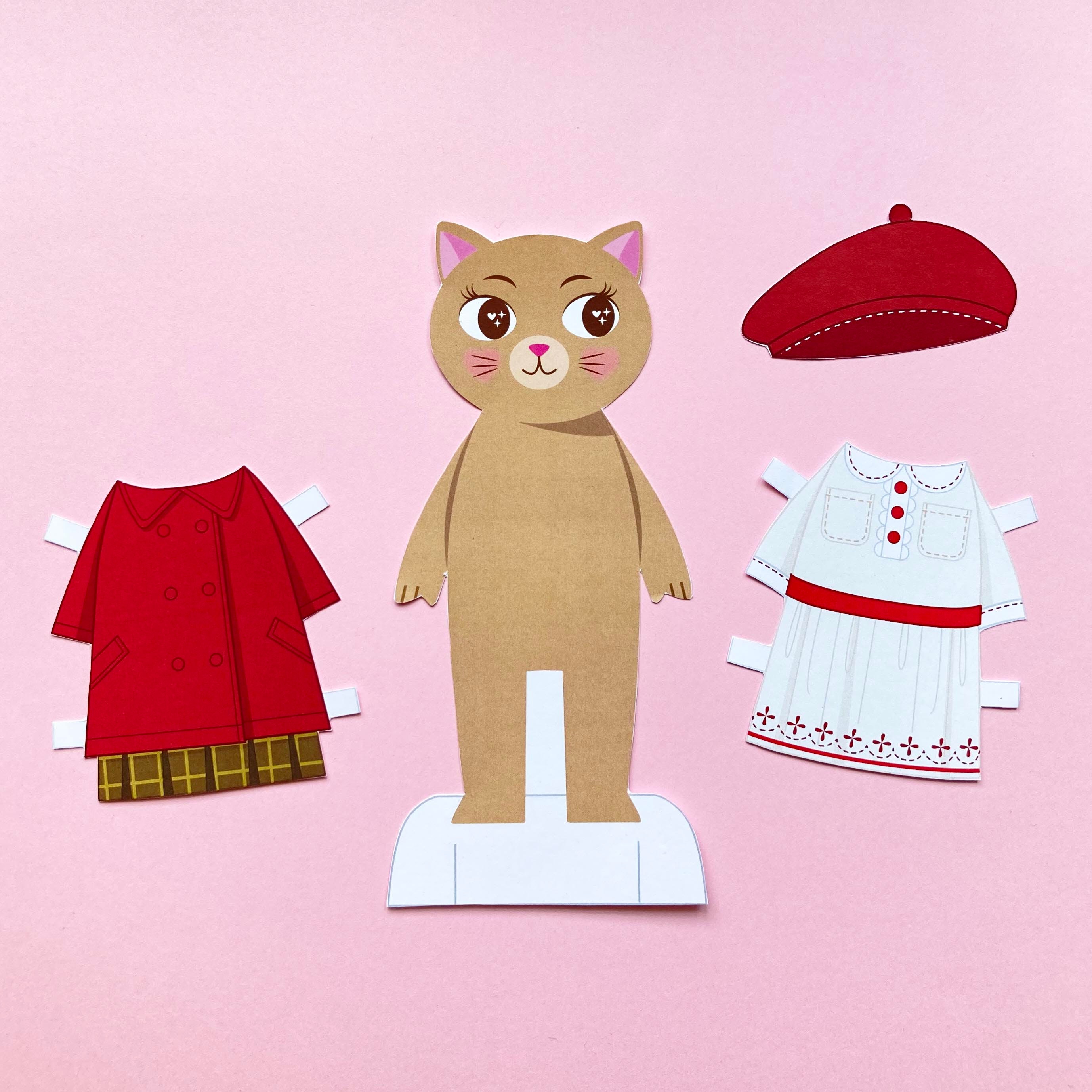 Animal Cat Paper Doll Printable PDF Craft Kit Instant Download 