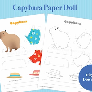 Animal Capybara Paper Doll Printable PDF / Craft Kit / Instant Download / Kid Craft / Paper Toys / Coloring Pages / Pull Up / Masbro