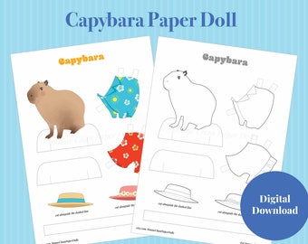 Animal Capybara Paper Doll Printable PDF / Craft Kit / Instant Download / Kid Craft / Paper Toys / Coloring Pages / Pull Up / Masbro