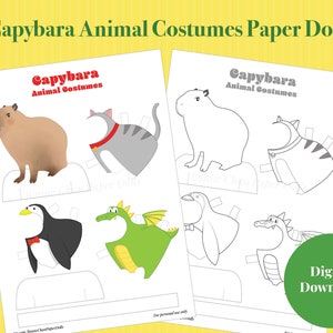 Animal Capybara Paper Doll Printable PDF / Animal Costumes Dragon Penguin Cat  / Instant Download / Kid Craft / Paper Toys / Coloring Pages