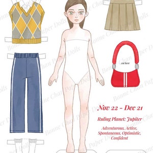 Puede incluir: Un conjunto de mu&ntilde;eca de papel con el signo del zod&iacute;aco Sagitario. La mu&ntilde;eca lleva un top blanco sin mangas, pantalones azules, zapatos rojos y un bolso rojo. La mu&ntilde;eca est&aacute; rodeada de un chaleco de punto de rombos marr&oacute;n y amarillo, una falda marr&oacute;n y un fondo blanco con el texto "Sagitario" y "Nov 22 - Dec 21".