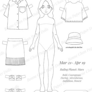 Puede incluir: Un conjunto de mu&ntilde;ecas de papel imprimibles que presenta a una ni&ntilde;a con el pelo largo y una variedad de atuendos, que incluyen una falda, una camisa y un sombrero. La mu&ntilde;eca est&aacute; etiquetada como "Aries" e incluye las fechas "Mar 21-Apr 19" y el texto "Ruling Planet: Mars".
