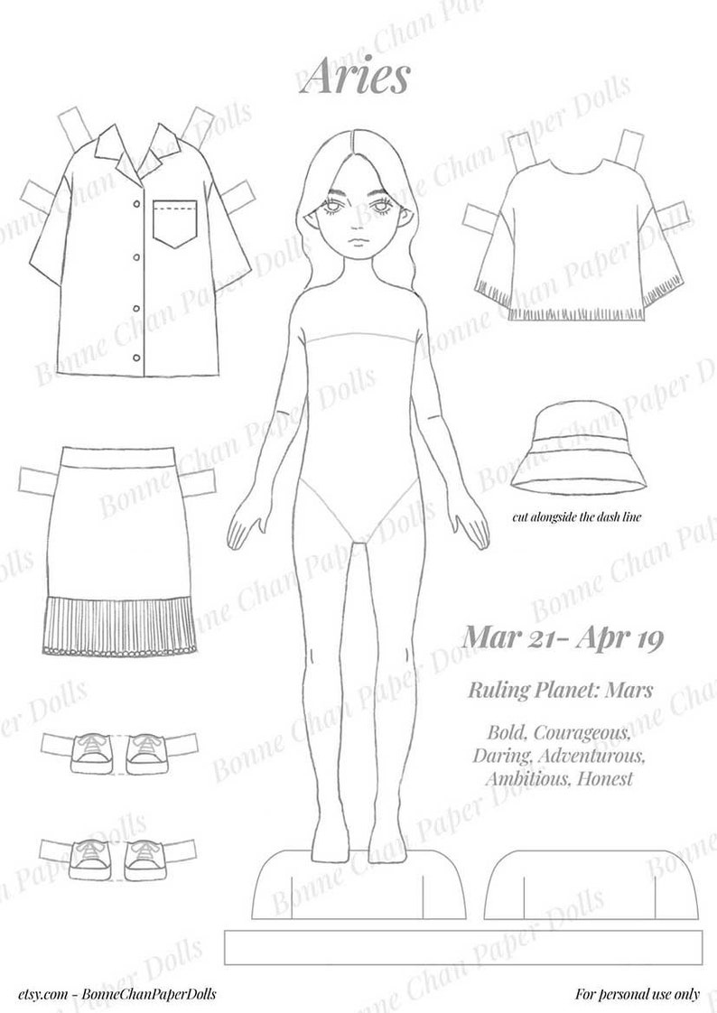 Puede incluir: Un conjunto de mu&ntilde;ecas de papel imprimibles que presenta a una ni&ntilde;a con el pelo largo y una variedad de atuendos, que incluyen una falda, una camisa y un sombrero. La mu&ntilde;eca est&aacute; etiquetada como "Aries" e incluye las fechas "Mar 21-Apr 19" y el texto "Ruling Planet: Mars".