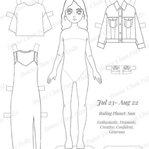Puede incluir: Una mu&ntilde;eca de papel imprimible del signo del zod&iacute;aco Leo. La mu&ntilde;eca est&aacute; vestida con una variedad de atuendos, incluyendo una camiseta, un vestido, una chaqueta y zapatos. La mu&ntilde;eca tambi&eacute;n lleva un par de zapatillas. El texto "Leo" est&aacute; en la parte superior de la p&aacute;gina. El texto "Jul 23 - Aug 22" est&aacute; debajo de la mu&ntilde;eca. El texto "Ruling Planet: Sun" est&aacute; debajo de la fecha. El texto "Enthusiastic, Dramatic, Creative, Confident, Generous" est&aacute; debajo del planeta regente.