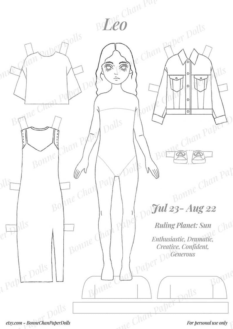 Puede incluir: Una mu&ntilde;eca de papel imprimible del signo del zod&iacute;aco Leo. La mu&ntilde;eca est&aacute; vestida con una variedad de atuendos, incluyendo una camiseta, un vestido, una chaqueta y zapatos. La mu&ntilde;eca tambi&eacute;n lleva un par de zapatillas. El texto "Leo" est&aacute; en la parte superior de la p&aacute;gina. El texto "Jul 23 - Aug 22" est&aacute; debajo de la mu&ntilde;eca. El texto "Ruling Planet: Sun" est&aacute; debajo de la fecha. El texto "Enthusiastic, Dramatic, Creative, Confident, Generous" est&aacute; debajo del planeta regente.