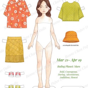 Puede incluir: Un conjunto de mu&ntilde;eca de papel imprimible con una ni&ntilde;a de cabello largo y casta&ntilde;o que lleva un vestido blanco. El conjunto incluye una variedad de atuendos, incluyendo una camisa floral roja y blanca, una falda amarilla, un su&eacute;ter verde, un sombrero de cubo amarillo y naranja, y dos pares de zapatos. El texto "Aries Mar 21-Apr 19 Ruling Planet: Mars Bold, Courageous, Daring, Adventurous, Ambitious, Honest" est&aacute; incluido en la p&aacute;gina.